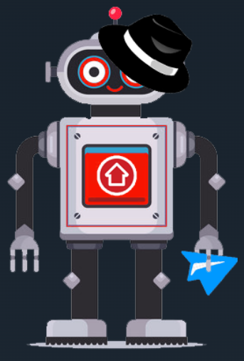 A bot holding a telegram logo with a REACOM logo in its chest, wearing a hacker hat.
